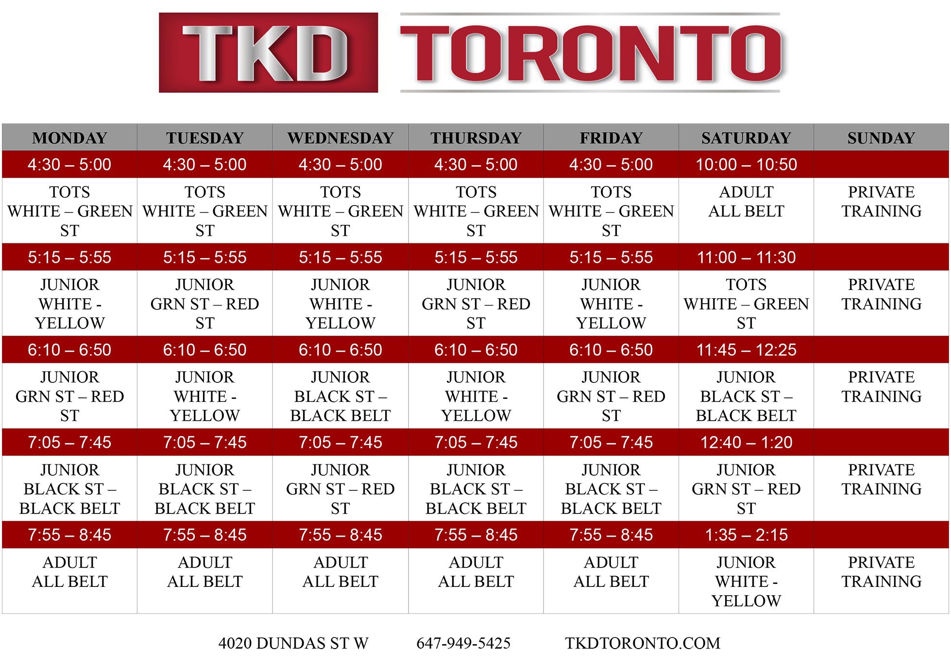 TKD Toronto Schedule 2022